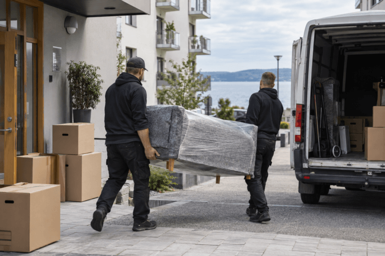 Flyttmedarbetare bär möbler och flyttkartonger vid en flytt i Jönköping